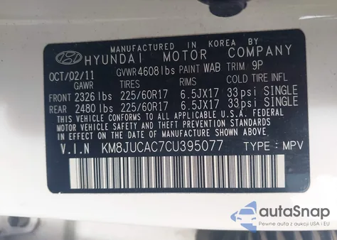 2012 Hyundai Tucson Gls z USA, uszkodzony, nr VIN KM8JUCAC7CU395077